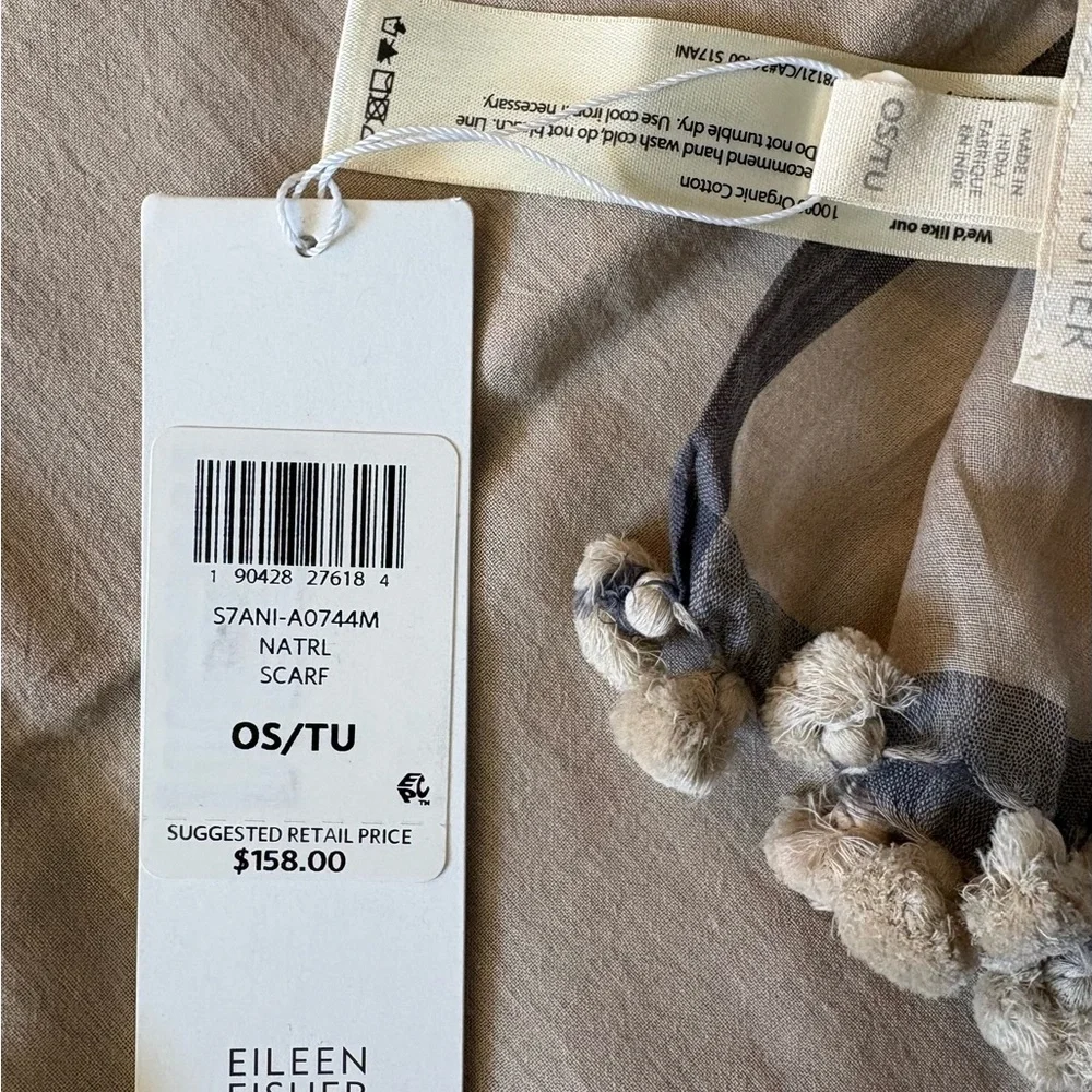 Eileen Fisher NWT Beige and Gray Cotton Scarf with Embroidered Accents - Picture 5 of 9